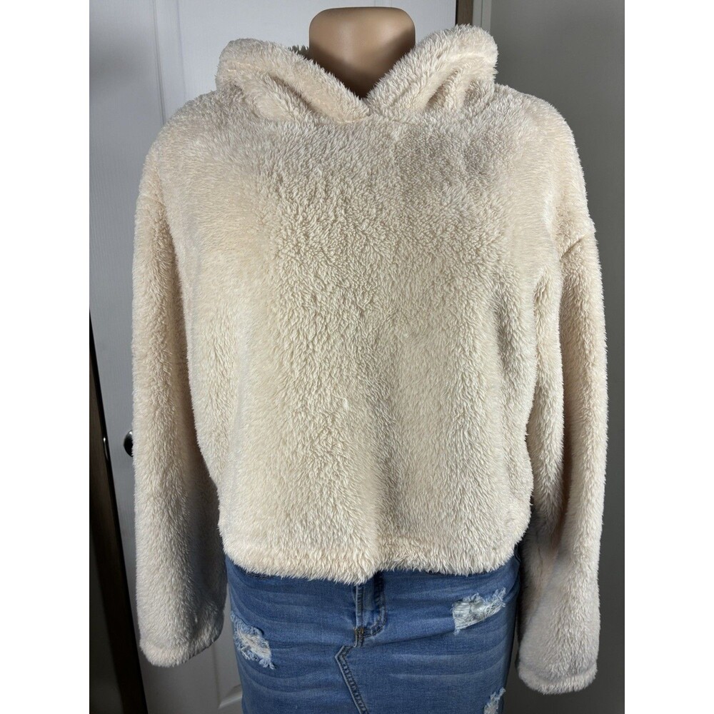 Forever 21 Hoodie Sweater Womens M Ivory Teddy Fleece Sherpa Pull Over Soft Cozy